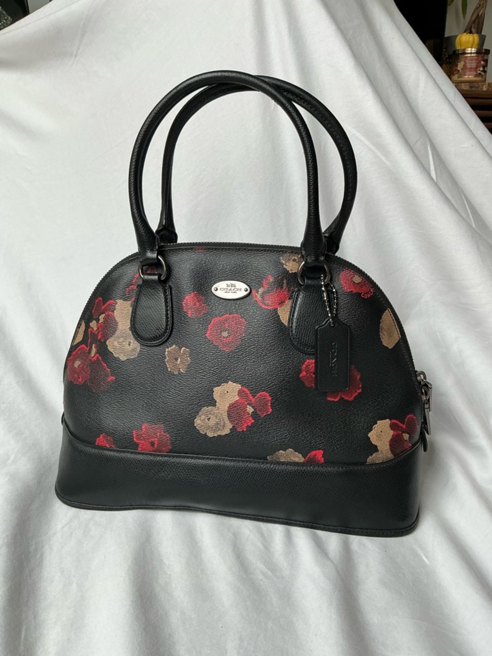 Coach Black Floral Dome Satchel - Red & Tan Flowers